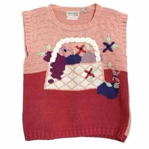 Vintage Sweater Jack Winter Hand Knit Easter Fruit Basket Sz Medium Petite Pink